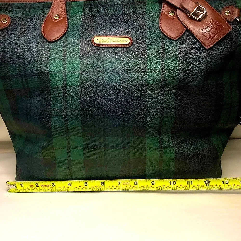 Black Watch Plaid Coated Canvas Leather Oversized Shoulder Bag Metal Feet